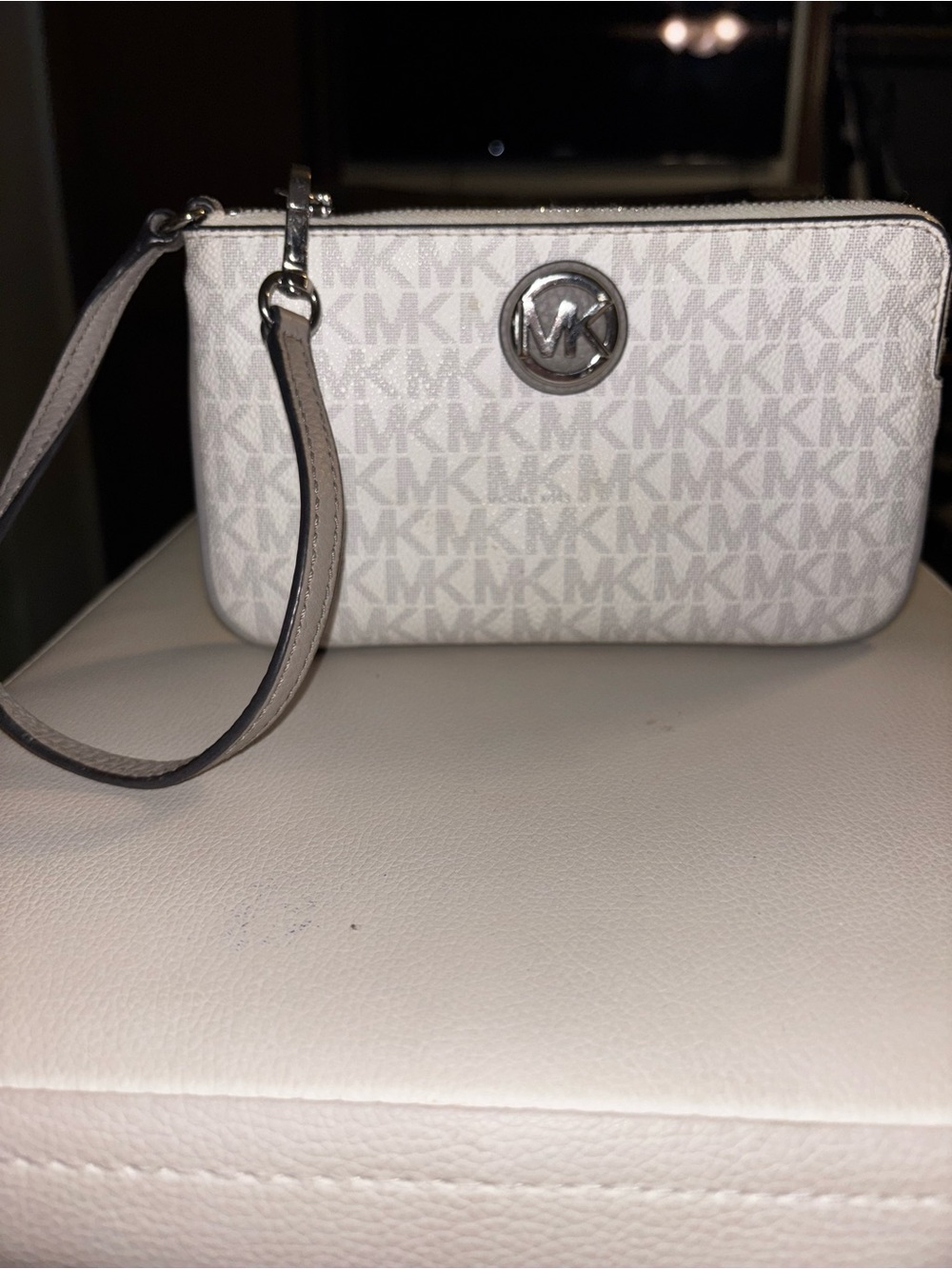 Michael Kors White Logo Wristlet with Silver Hardware